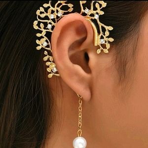 (1)PC ELEGANT GOLDEN CHAIN PEARL DROP TREE LEAF RHINESTONE ACCENTED EARING